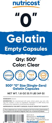 Vista 4 de Nutricost Cápsulas vacías de gelatina tamaño 0-500 cápsulas de gel vacías transparentes '0' - Kosher, sin OMG, sin soja, sin gluten