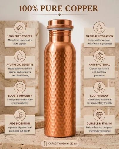Vista 4 de Pure Copper Water Bottle 34 Oz Hammered Drinking Water Bottle with Leak-Proof Lid BPA-Free Reusable Copper Flask Carry Bag & Cleaning Brush