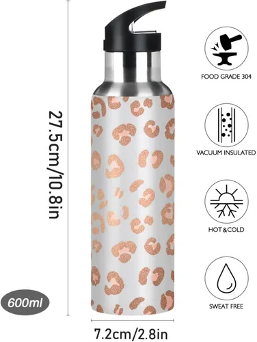 Vista 9 de Rose Gold Leopard Spots Stainless Steel Vacuum Insulated Water Bottle 20 Oz, BPA-Free Sports Water Bottle with Straw Leakproof Water Bottles