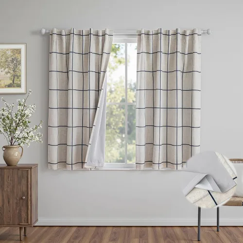 Vista 27 de MYSKY HOME Cortinas de Lino a Cuadros 100% Opacas de 45 Pulgadas de Largo de Doble Capa Estilo Granja con Aislamiento Térmico Estampado a Cuadros