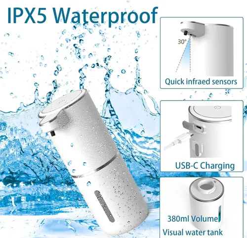 Vista 4 de Dispensador automático de jabón 2P, dispensador de jabón espumoso sin contacto de 13.5 fl oz, dispensador recargable por USB, eléctrico montado