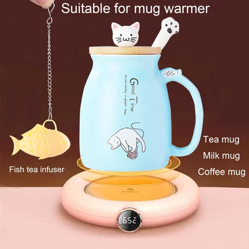 Vista 4 de BigNoseDeer Lindas tazas Kawaii de gato, taza de café de cerámica con infusor y tapa, cuchara, taza de té, regalos lindos y geniales para mujeres
