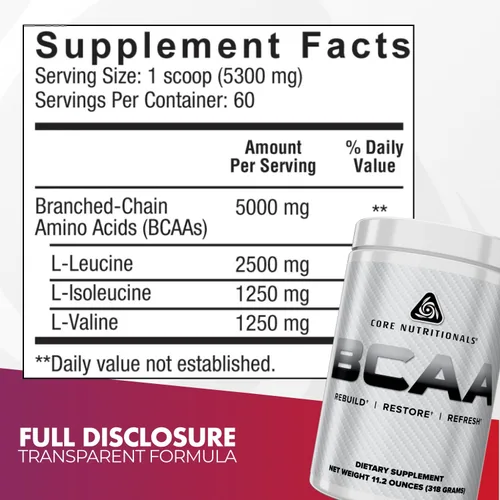 Vista 2 de Core Nutritionals BCAA, aumenta la síntesis de proteínas del músculo esquelético, 0.18 oz, 60 porciones