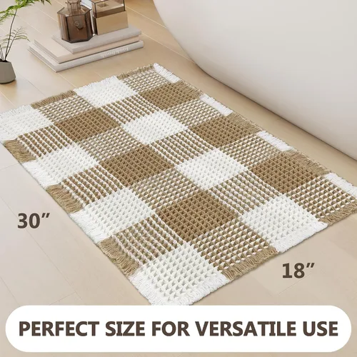Vista 2 de Arenarug Tapete de baño de punto gofre a cuadros, súper absorbente, bohemio, antideslizante, lavable, ultra suave, con borlas, para suelo de baño