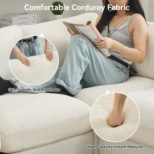 Vista 6 de Sofá modular de 61 pulgadas con otomana, asiento extra profundo para sala de estar, sofá de asiento profundo de pana con almohadas para Beige