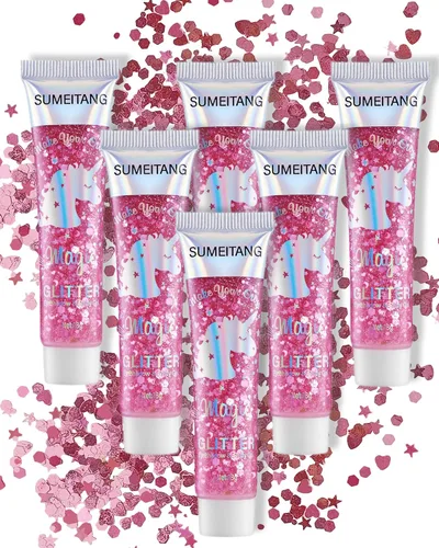 Vista 13 de Gel con purpurina para la cara y el cuerpo, 6 colores, con lentejuelas gruesas holográficas, pintura para fiestas, cantantes, conciertos, festivales