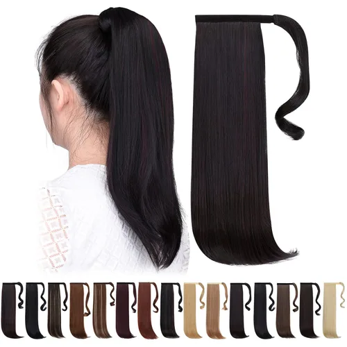 Vista 33 de Extensiones de cola de caballo negras, colas de caballo rizadas con clip, 22 pulgadas, 3.5 onzas, extensión de cabello sintético envolvente del pelo