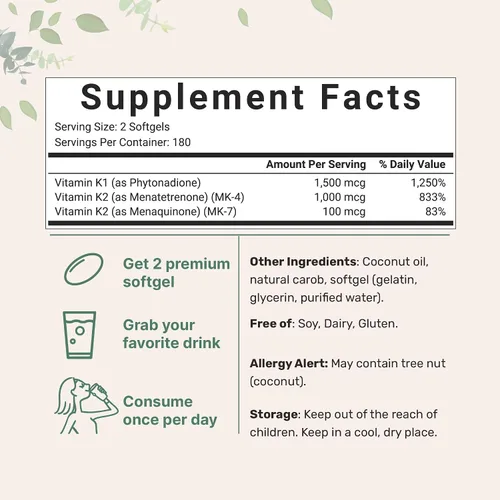 Vista 2 de Micro Ingredients Complejo súper vitamina K (K2 MK7 + MK4 y K1), cápsulas blandas de aceite de coco 360 Vitaminas K de fácil absorción, complejo