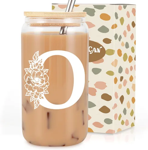 Vista 13 de Taza de Vidrio Inicial Coolife, Regalos Personalizados para Mujeres, Tazas de Vidrio de 16 oz con Tapas y Popotes, Taza para Café Helado, Licuado