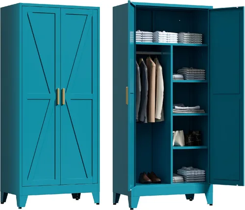 Vista 10 de Washsemba - Armario de guardarropas de metal de casa rural de 71'' con barra para colgar, 2 armarios de puerta de granero con estantes ajustables, 2