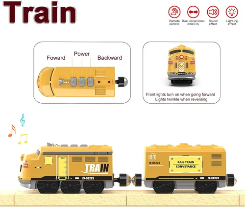 Vista 7 de Juego de tren eléctrico de juguete para pistas de madera, juguete de tren locomotora con control remoto para niños, compatible con Thomas, Brio