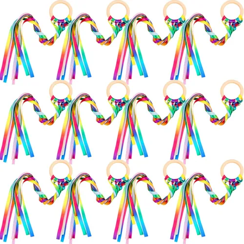 Vista 11 de Deekin 12 piezas de cinta de arco iris de madera Waldorf juguetes creativos Waldorf juego de cometas de mano serpentinas con anillo de madera