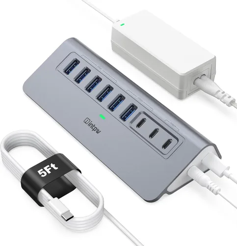 Vista 11 de Concentrador USB alimentado de 10 Gbps, intpw de 9 puertos USB 3.2, concentrador USB C con USB A/USB C 3.2, 4 USB 3.0, 2 puertos de carga PD de 45