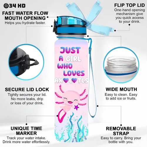 Vista 5 de 34HD Axolotl - Botella de agua de 32 onzas, bonita botella motivacional para mujer, botella de gimnasio con marcador de tiempo, regalo