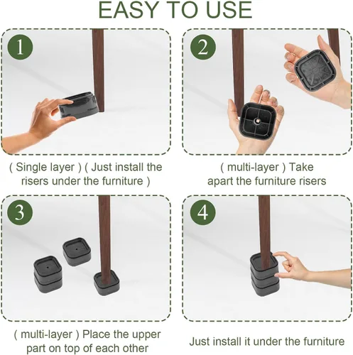 Vista 8 de Tefola Elevadores de cama ajustables para muebles, apilables, resistentes, bloques de elevación de cama cuadrados, elevadores de patas de escritorio