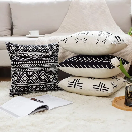 Vista 6 de Aoomzoon Juego de 4 fundas de almohada de 18 x 18 pulgadas, modernas fundas de almohada decorativas geométricas bohemias y de lino de algodón