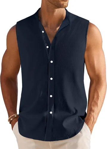 Vista 6 de Camisa sin mangas de lino guayabera cubana para hombre, camisa de verano con botones, camiseta sin mangas de playa, camiseta básica casual