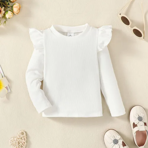 Vista 8 de OPAWO Camisetas de manga larga y corta con volantes para niña, blusa acanalada para niña, ropa para bebé, paquete de 2 unidades de 1 a 6 años
