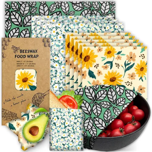 Vista 10 de Envoltura de cera de abeja reutilizable, paquete de 9 envolturas ecológicas de cera de abeja para alimentos, orgánica, sostenible, biodegradable