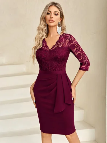 Vista 4 de Miusol Vestido de cóctel retro con cuello en V y encaje floral para mujer