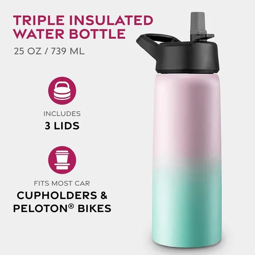 Vista 2 de Botellas de agua de acero inoxidable con triple aislamiento con pajita, botellas de agua aisladas reutilizables de 25 Oz con 3 tapas, botella