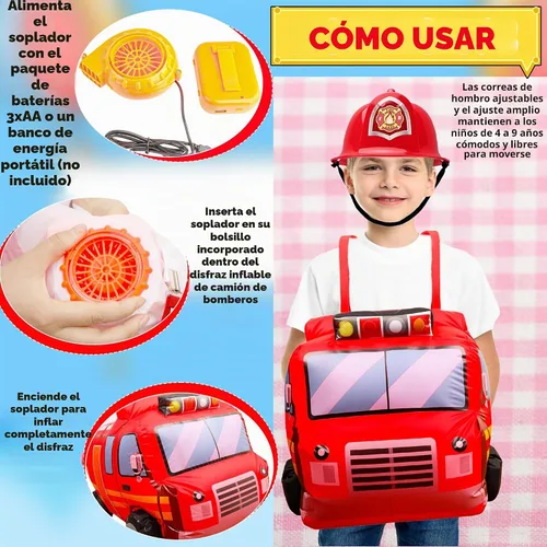 Vista 4 de Disfraz inflable de camión de bomberos de 6 piezas, incluye 1 casco de bombero, 4 accesorios de extinción de incendios para niños y niñas