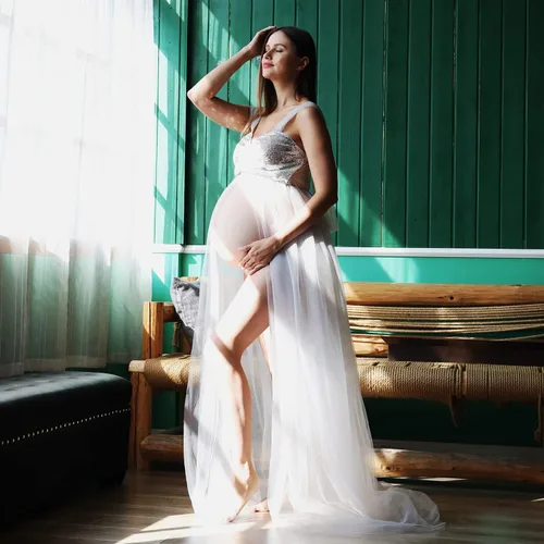 Vista 4 de Vestido de maternidad para fotografía, lentejuelas con purpurina, hombros descubiertos, tul con abertura frontal, vestidos de embarazo para sesión