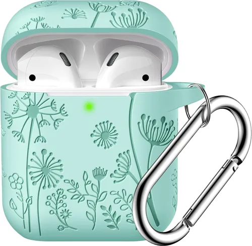 Vista 23 de Lerobo - Funda con grabado de flores para carcasa de AirPod, protector de silicona suave y elegante con llavero compatible con carcasa de carga