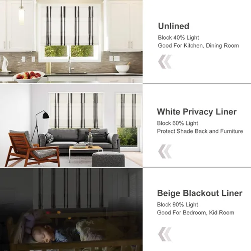 Vista 3 de Persianas romanas sin cordón, persianas romanas para ventanas con rayas negras de bloqueo total premium, persianas romanas personalizadas de tela