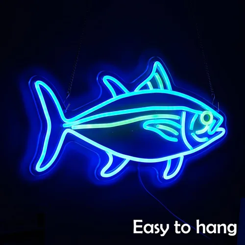 Vista 3 de Letrero de luces de neón de atún con diseño de pez azul y verde para decoración de pared, letreros LED regulables para dormitorio, sala de estar