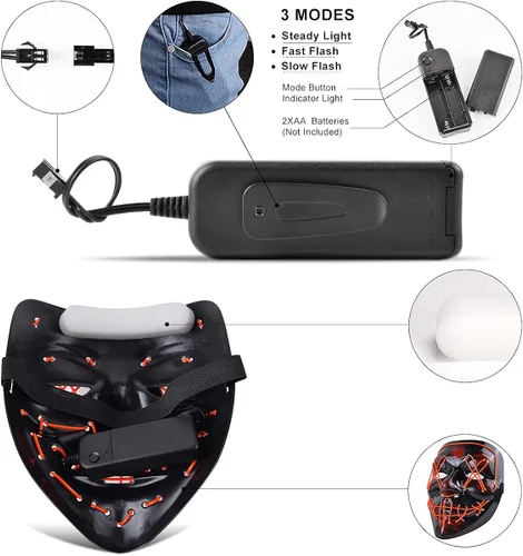 Vista 3 de AMUTOY 2 máscaras de Halloween con luz LED máscara de purga para niños adultos disfraz de Halloween cosplay truco o trato fiesta de máscaras