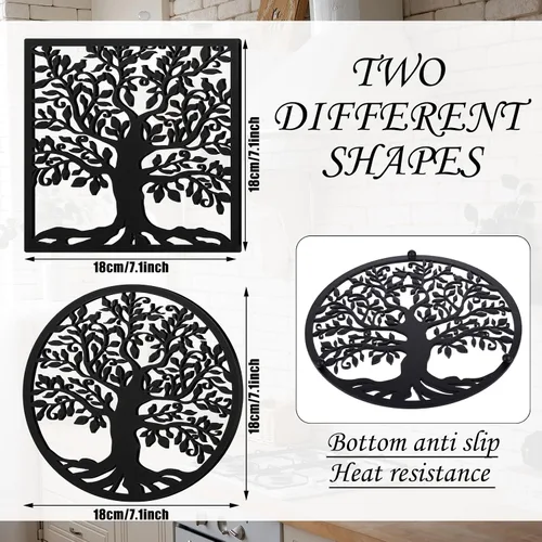 Vista 3 de Beeveer Juego de 2 salvamanteles de hierro fundido para platos calientes de 7.1 pulgadas, juego de salvamanteles de árbol de metal de 7.1 pulgadas