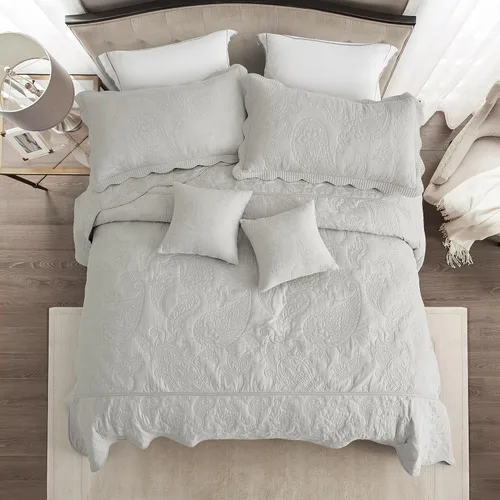 Vista 6 de Colcha Queen de Algodón de Tamaño Grande, Diseño de Patrón Paisley Reversible, Cobertor de Cama Ligero, Juego de 5 Piezas - Queen, Gris Generous