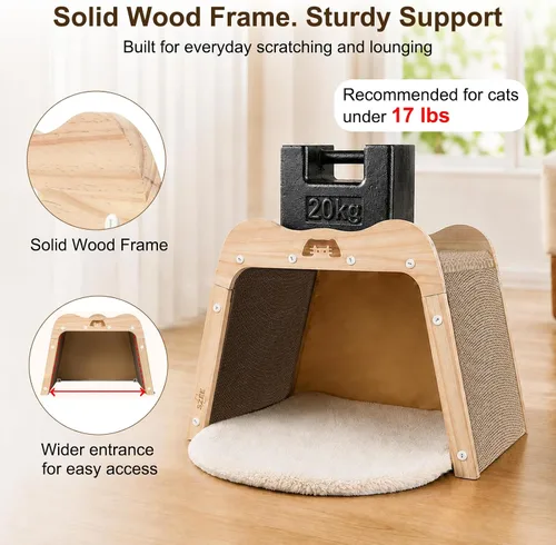 Vista 5 de SZEE Cama rascador para gatos y casa de cartón de madera maciza para gatos