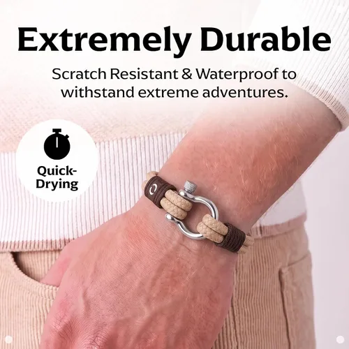 Vista 3 de Pulsera de cuerda para hombre, grillete plateado de acero inoxidable, extremadamente duradera y resistente a los arañazos, impermeable, hecha a Beige