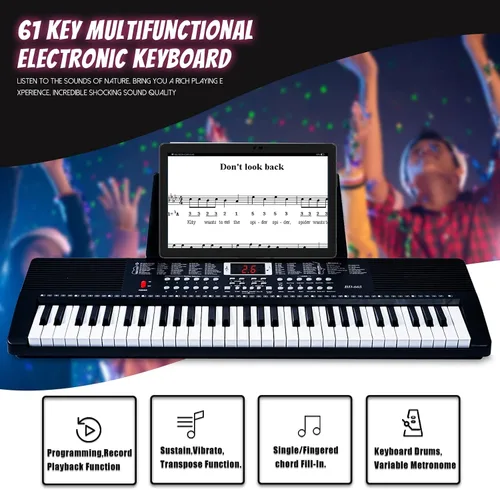 Vista 9 de Piano de teclado de 61 teclas para principiantes con teclas iluminadas y modos de enseñanza profesional, incluye soporte, banco, micrófono, soporte
