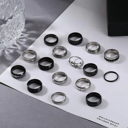 Vista 5 de IRONBOX 16 anillos de acero inoxidable para hombres y mujeres, anillos antiestrés para la ansiedad, anillos de cadena giratoria, anillos de boda