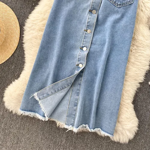 Vista 5 de Falda de mezclilla vintage de cintura alta para mujer falda de mezclilla de un solo botonadura media larga 2022 falda de mezclilla salvaje azul M