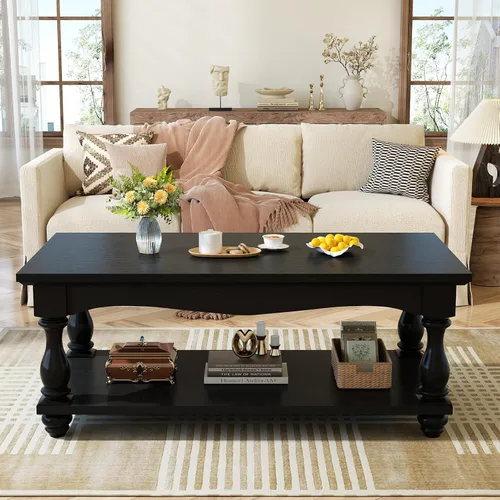 Vista 7 de Besiost Mesa auxiliar de 47 pulgadas con almacenamiento, diseño de granja de 2 niveles, patas de madera maciza, mediados de siglo para sala de Negro