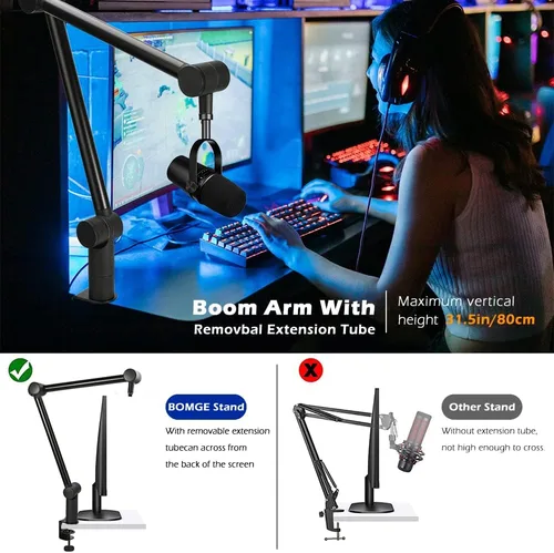 Vista 3 de BOMGE Soporte de micrófono con brazo de brazo – Soporte de brazo de tijera de suspensión ajustable resistente con canales de gestión de cables