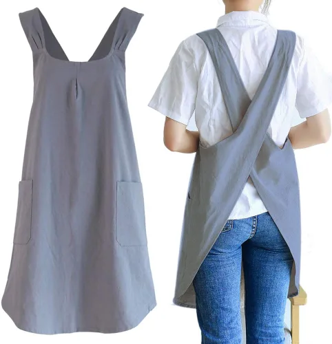 Vista 10 de NEWGEM - Delantales de cocina de lino japonés para mujeres y hombres, con tirantes cruzados y bolsillos, para repostería y cocina
