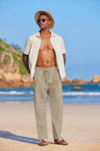 Vista 2 de COOFANDY Pantalones de lino de verano para hombre, ligeros, casuales, con cintura elástica, con cordón