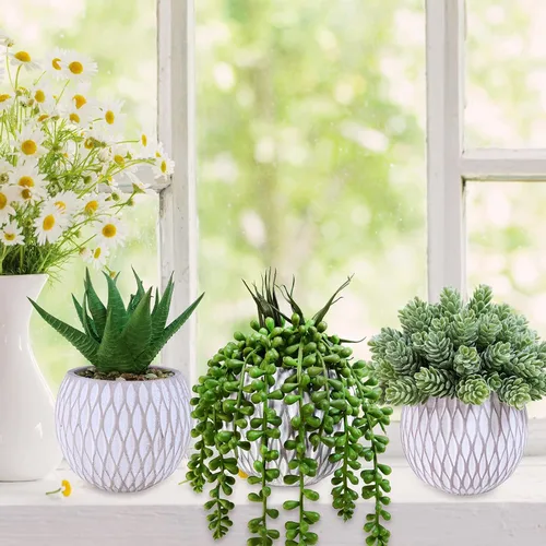 Vista 4 de Winlyn 3 piezas pequeñas de imitación plantas artificiales de aloe lúpulo de lúpulo, plantas suculentas en macetas geométricas de hormigón gris