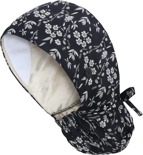 Vista 26 de QBA Gorra de trabajo ajustable con botón, gorro forrado de satén, gorro de trabajo de algodón, banda elástica para atar en la espalda, unisex