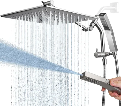 Vista 15 de G-Promise Cabezal de ducha de lluvia de metal completo de 10 pulgadas con modo de lavado de potencia incorporado manual, desviador de 3 vías