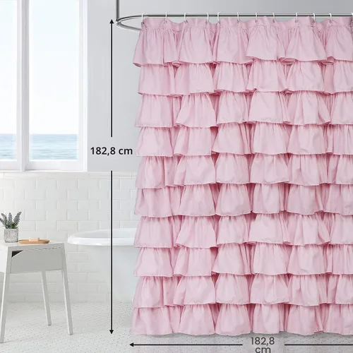 Vista 7 de Volens - Cortina de baño de tela con volantes, estilo rústico de granja, color rosa, para baño, 72" x 72