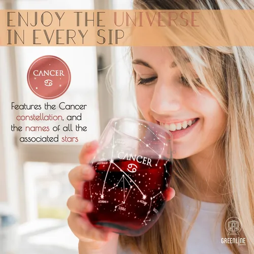 Vista 5 de Greenline Goods Juego de copas de vino sin tallo de cáncer del zodiaco grabado a mano, 15 onzas (juego de 2) - Cristalería con signo de astrología