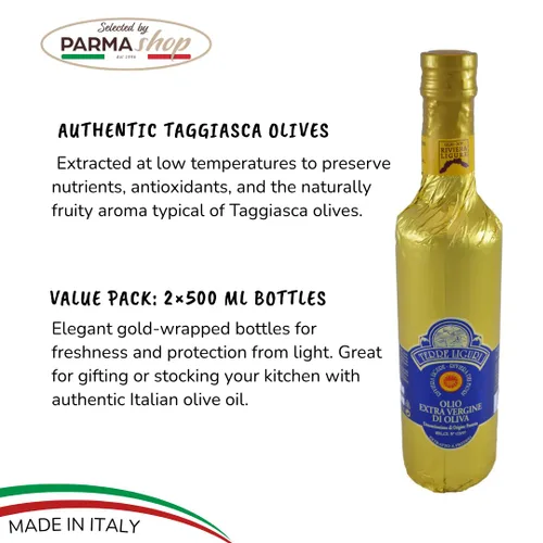 Vista 3 de Riviera Ligure aceite virgen extra pdo tiene aceitunas llamadas Taggiasche, lt 0,50 (17,6 onzas) x 2 botellas de oro
