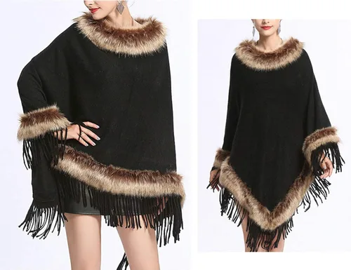 Vista 5 de PUWEI - Poncho de piel de zorro sintético con borla para mujer