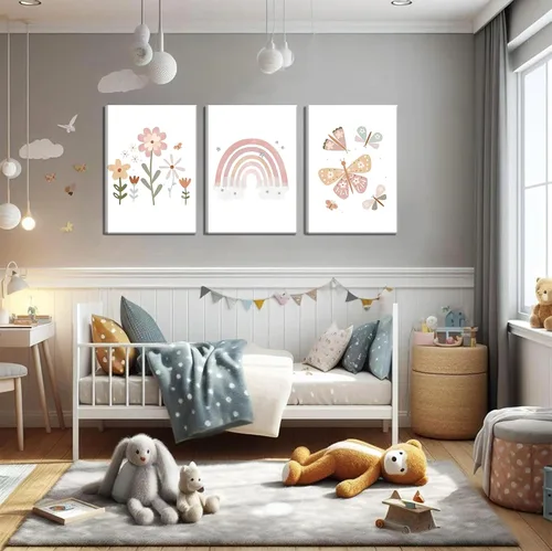 Vista 2 de Lienzo bohemio rosa para cuarto de bebé, arte de pared para habitación de niños, decoración de pared, diseño de flores de mariposa para niños